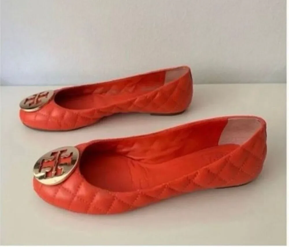 Tory Burch Minnie Quilted Leather Ballet Flats Vibrant Orange Fall Preppy Sz 6.5